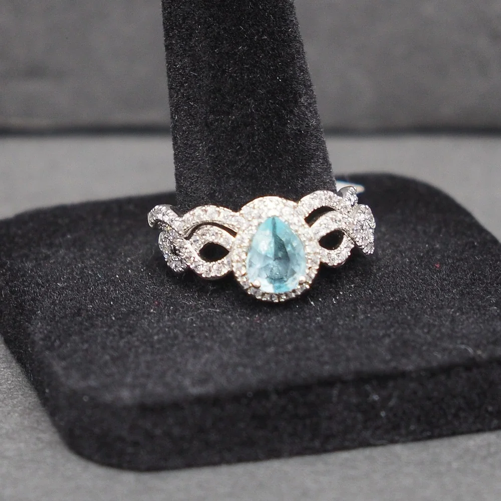 Ring Set 2pc Blue Pear Rhinestone March Birthstone Halo Infinity Silver Tone